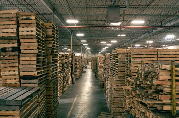 Pallets stacked inside a warehouse